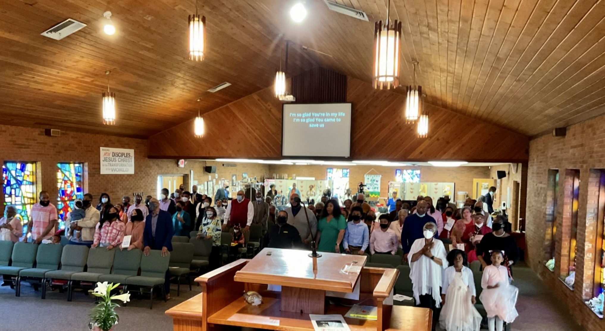 A lively congregation singing on a Sunday morning